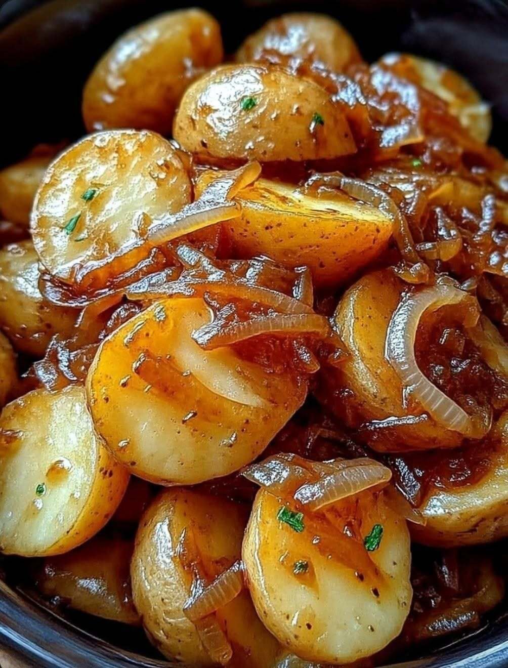 Slow Cooker Amish Savory Onion Potatoes with tender sliced potatoes and sweet onions.